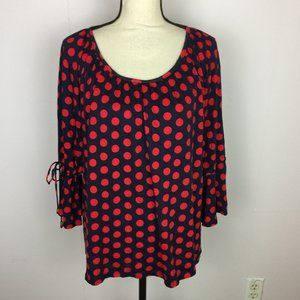 Michael Kors Blouse Top Sz L Womans Black Red Polka Dot Bell Sleeve Stretch Knit